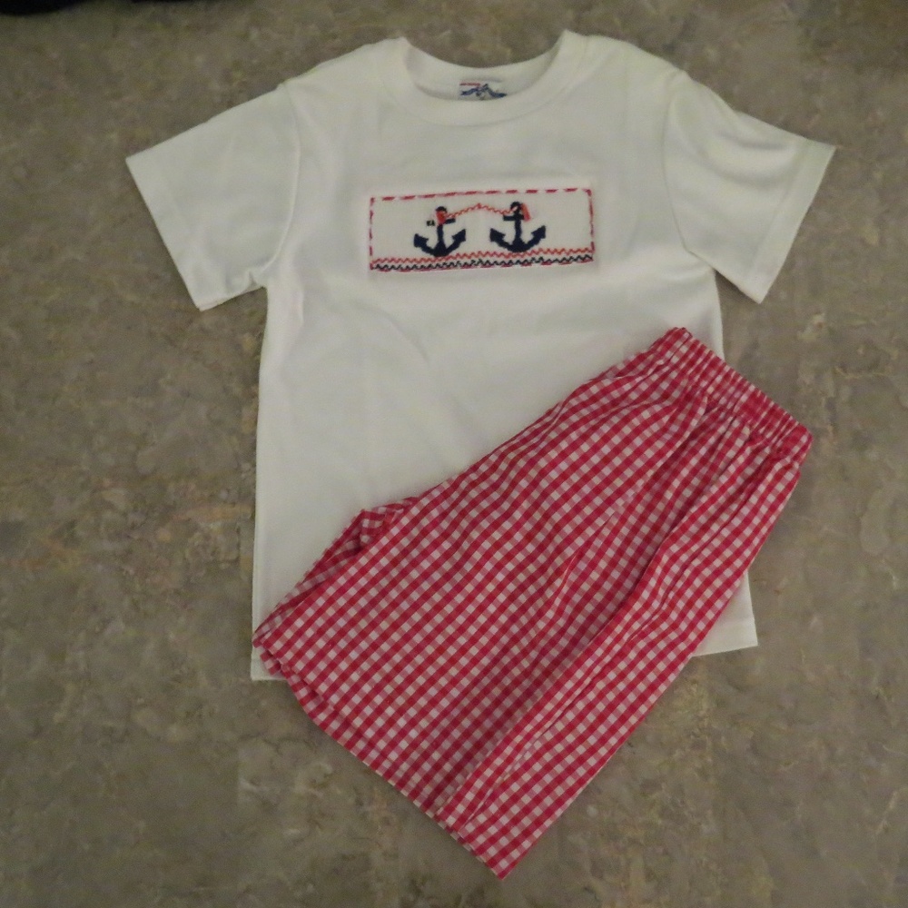 Silly Goose boys white shirt with anchor smocking and red plaid shorts size 5